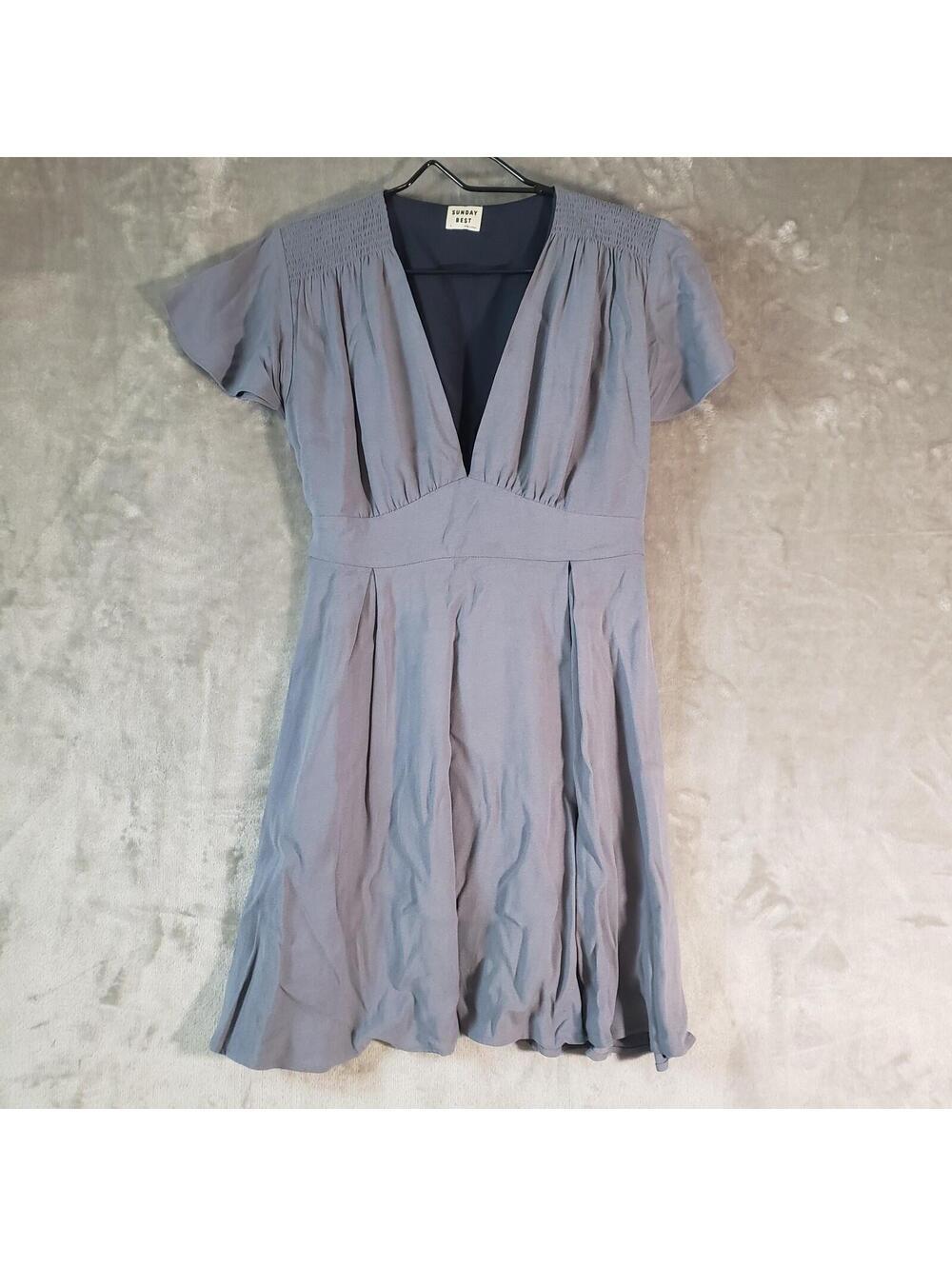 Aritzia Sunday Best Blue Short Sleeve V-Neck Pleated Tie Back A-Line Dress Small